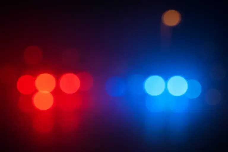 Blurred red and blue police lights at night.