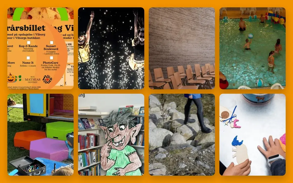 A collage of eight assorted photos showing events, a pool, chairs, a craft table, and other scenes.