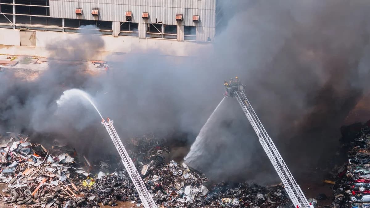 Firefighters spraying water on industrial fire with thick smoke