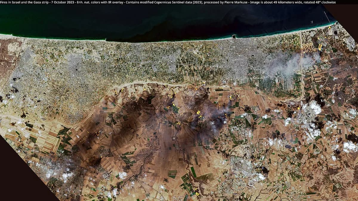 Satellite view of fires and smoke over Israel and the Gaza Strip.