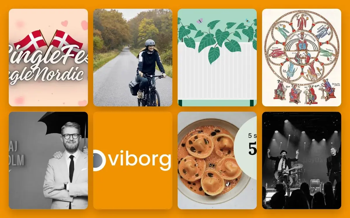 A collage of Nordic-themed images, logos, and photos on an orange background.