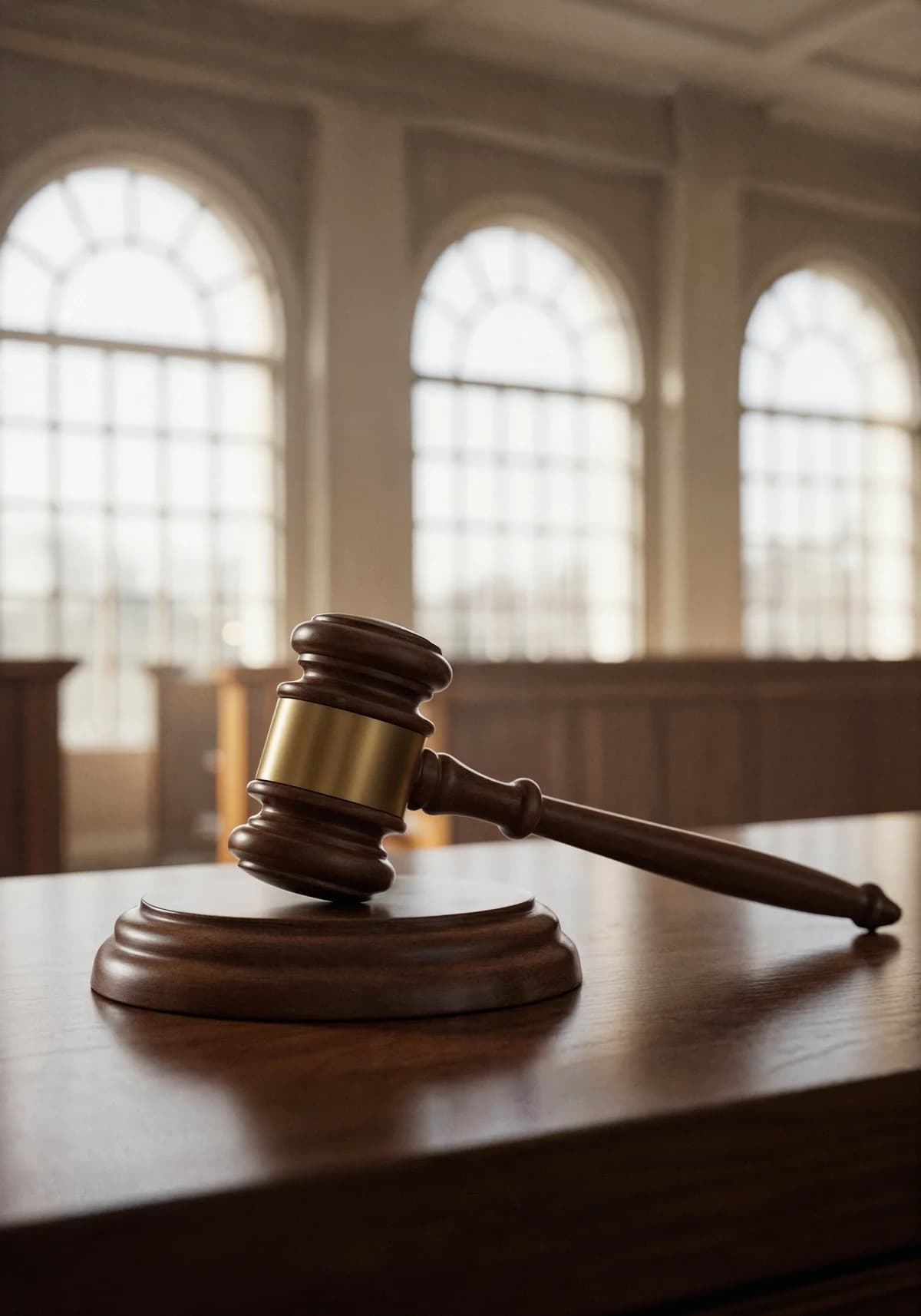 A judge's gavel on a table in a courtroom.