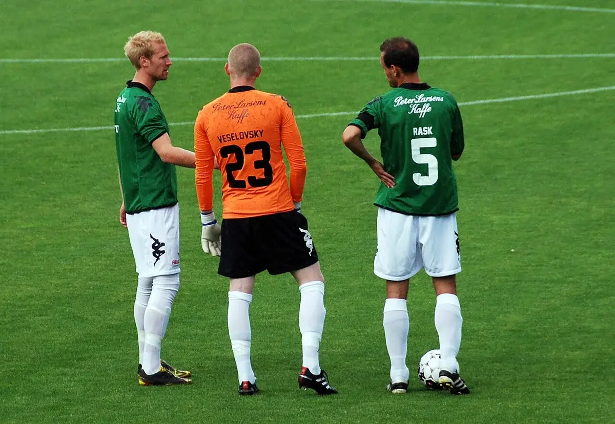Three football players in Viborg FF uniforms stand on a grass pitch, seen from behind.