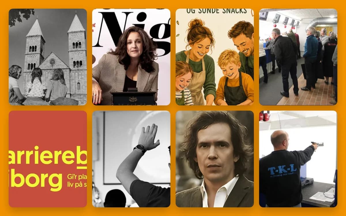 A collage of photos and illustrations on an orange background.