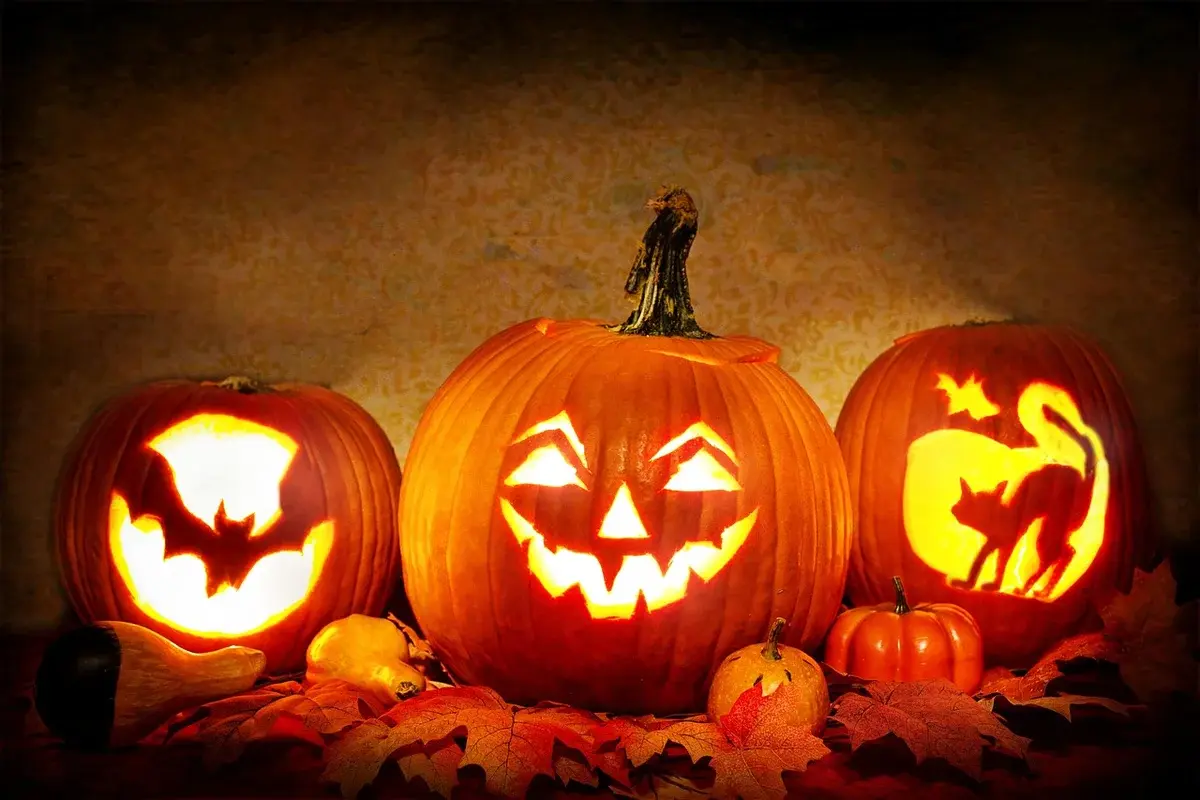 Three glowing jack-o'-lanterns with Halloween carvings.
